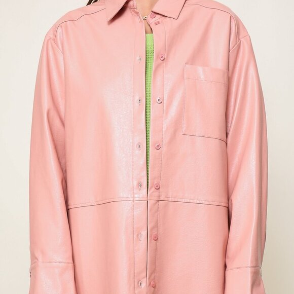 LUMIERE Pink Faux Leather Shacket, Oversized Button-Down Shirt Jacket, Fall L - Picture 5 of 5